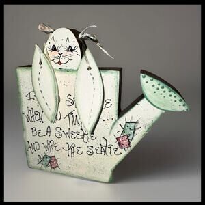 Vintage Bunny Watering Can Sign - Hand-Painted Wooden Wall Art